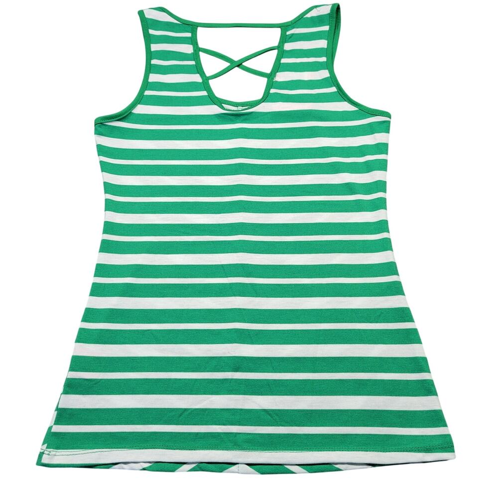 Esti Couture Bold Green White Striped Tank Top NEW Stretch Scoop Women's Size M